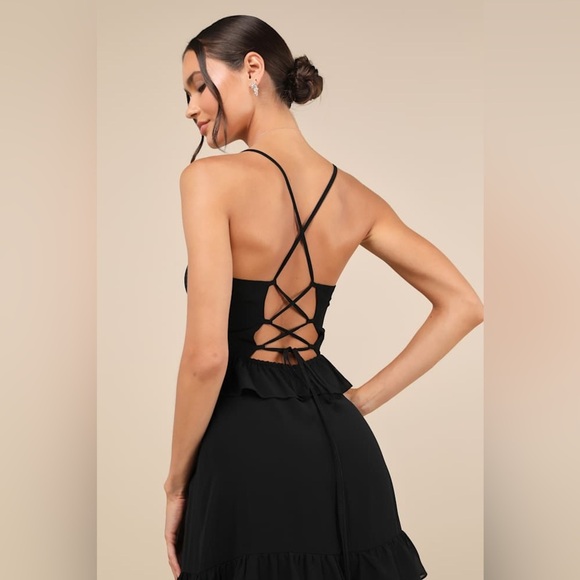 Lulus Captivating Class Black Ruffled Tiered Lace-Up Maxi Dress Size Large - Picture 4 of 5
